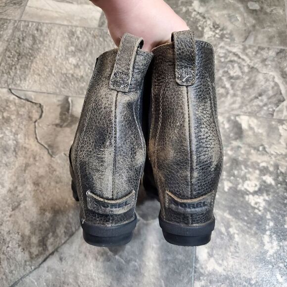 Sorel Joan Of Arctic Wedge II Distressed Quarry Gray Leather Chelsea Wedge Boots - Picture 6 of 9